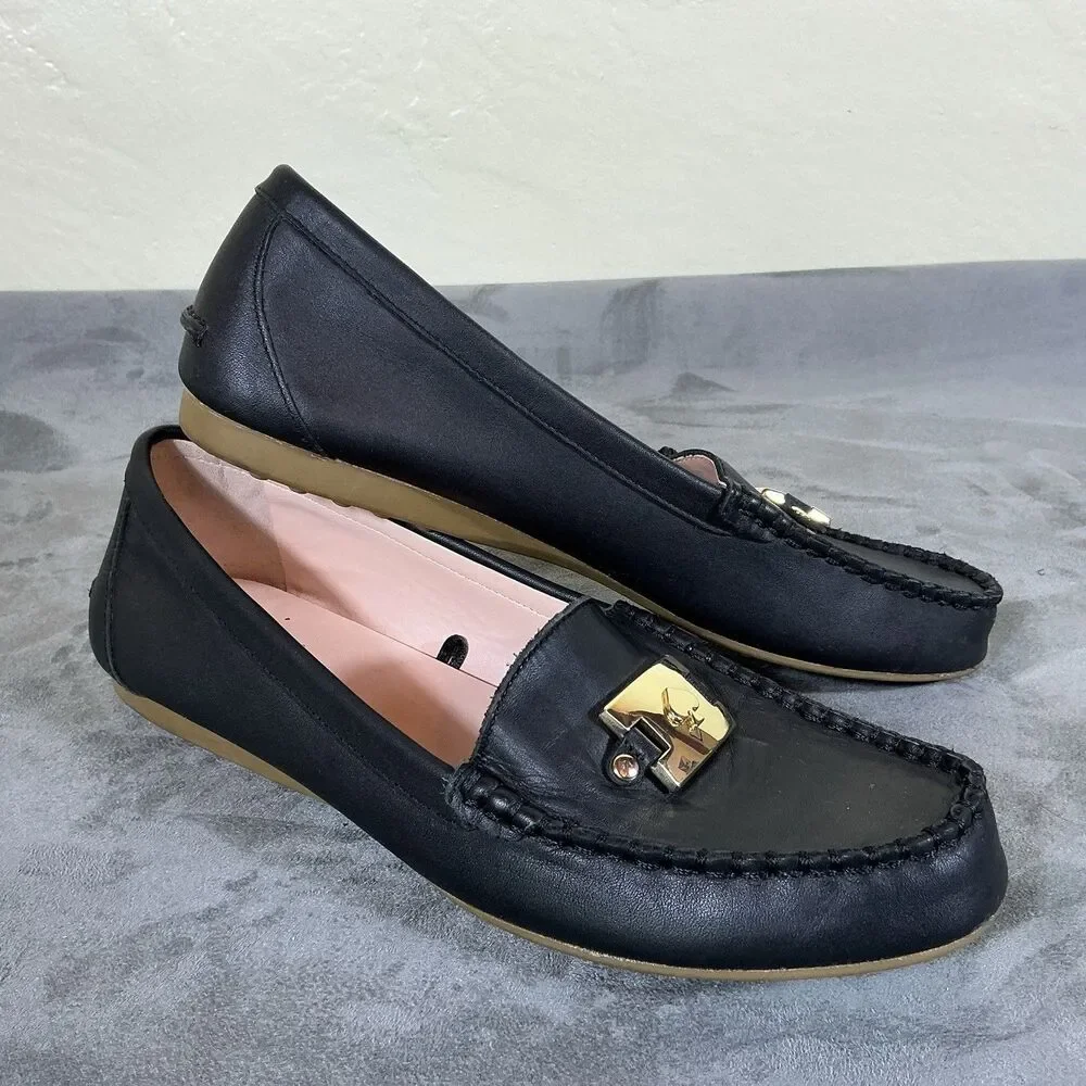 8 B Kate Spade Brass Bit Flats Leather Womens 8 B Carmen Navy 38.5